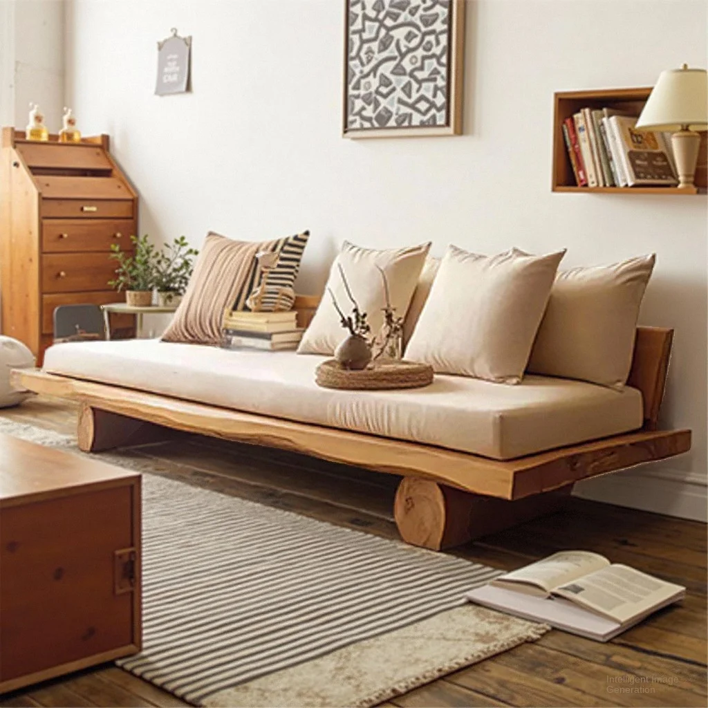 #Modern Quiet Style Living Room Full Solid Wood Reclining Sofa Straight Row Double Three-Person Log Bench