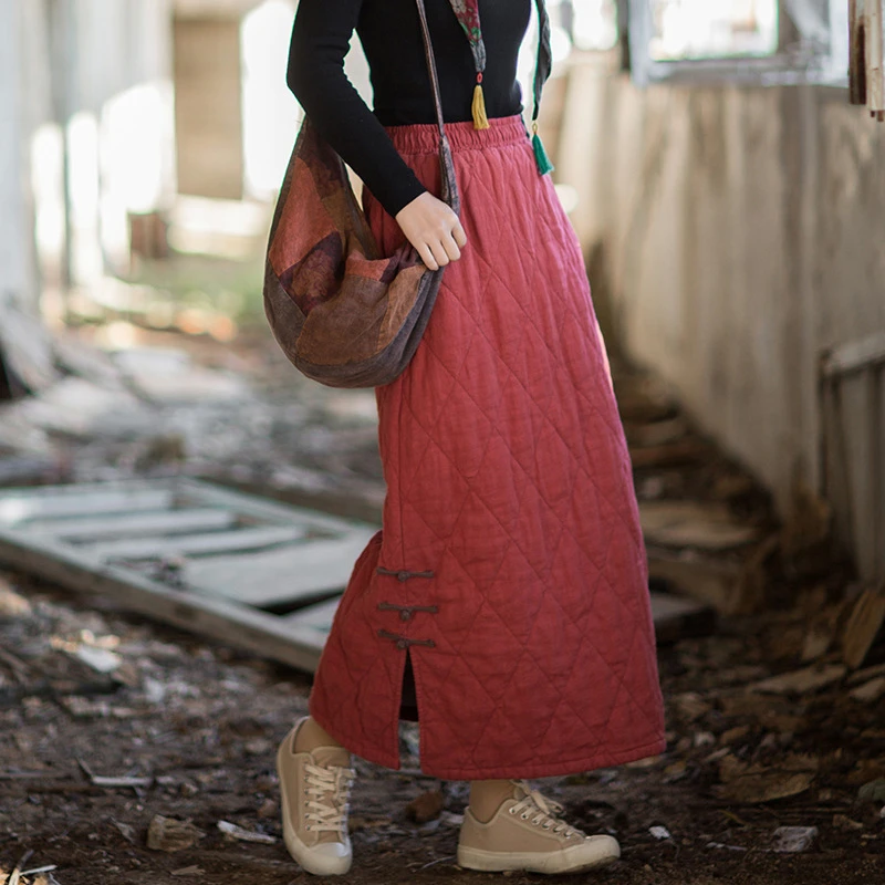 厚手の暖かい綿麻カジュアルスカート レディース 新作 2025 秋 ヴィンテージスタイル 無地 女性用 キルティングロングスカート M2076