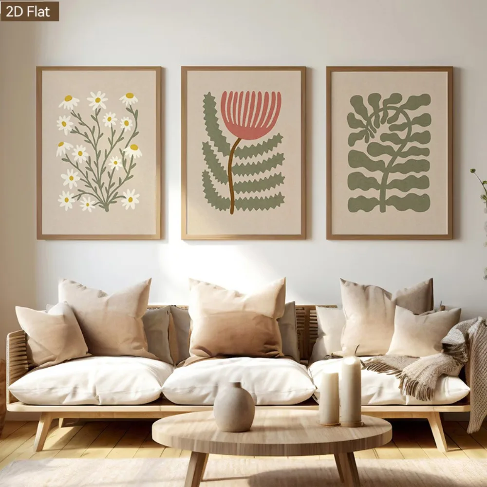 3pcs Frameless, Minimalist Abstract Pink Floral Wall Art Work, with Nordic Morandi Tone Canvas Printing, Modern Plant Decoration