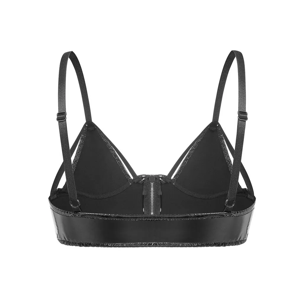 Woman Open Zipper Halter Bra Sexy Girl Brassiere Sexy Lingerie PVC Vest Waistcoat Half-Exposed Breast Patent Leather Tank Top