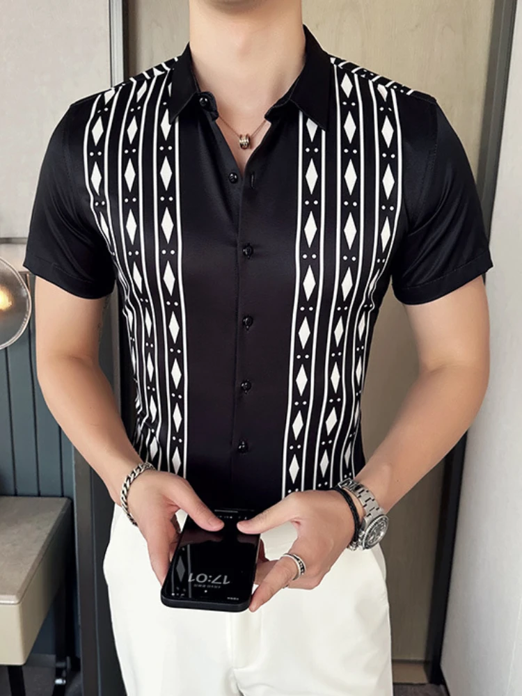 2023 Korean Fashion Short Sleeve Shirts Men Slim Fit Casual Shirts High Quality Striped Plaid Business Social Dress Shirts M-6XL