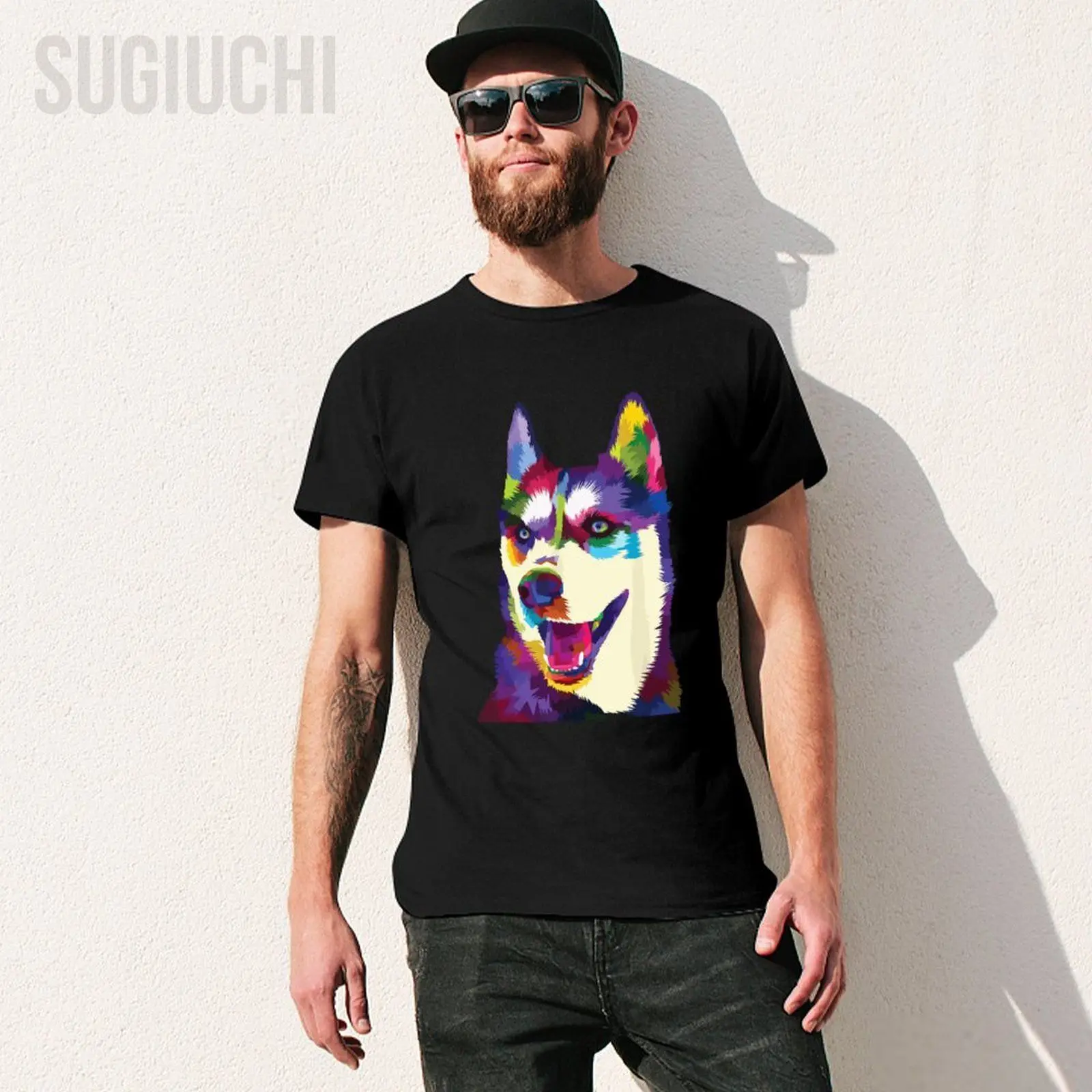 Unisex Men Colorful Dog Rainbow Siberian Husky Puppy Vibrant Dog Tshirt Tees T Shirts Women Boys 100% Cotton T-Shirt
