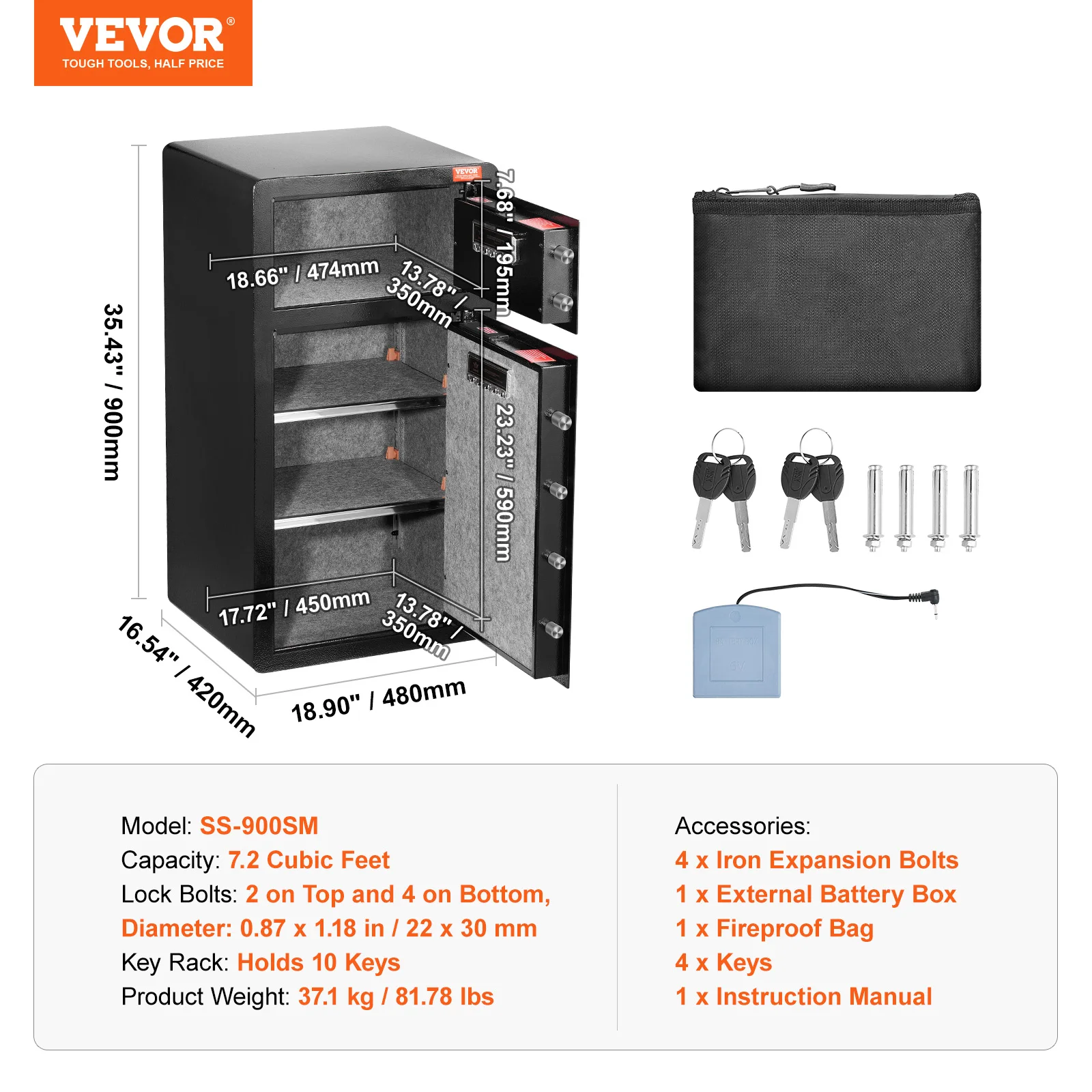 SucceBuy Enkele deur 4,0 cu.ft kluis met sleutelslot Wachtwoord en vingerafdruk Safe Lock Box met vuurvaste tas Sleutelrek en LED-licht