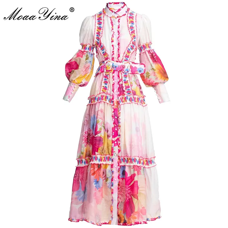 

MoaaYina Fashion Designer dress Autumn Women's Dress Lantern sleeve Floral-Print Single-breasted Sashes Elegant Vacation Dresses