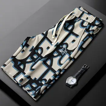 2024 yeni yaz işık lüks High-end ince amerikan İpli yüksek belli baskılı gevşek rahat spor koşu Capris erkekler için