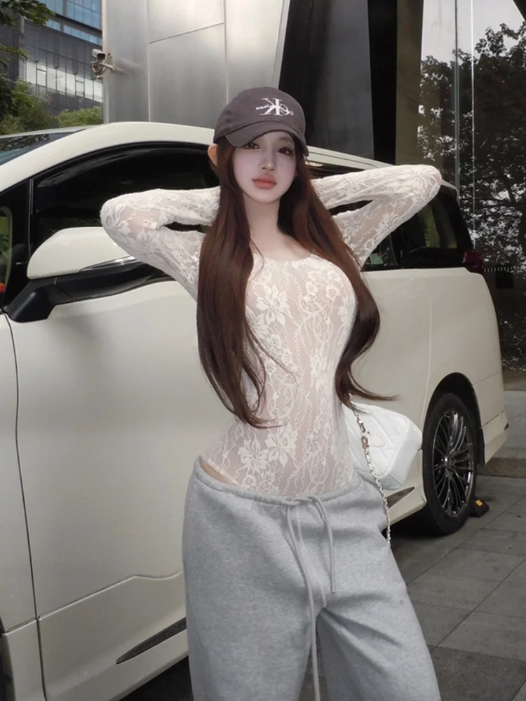 

Осенне-зимний длинный облегающий кружевной боди-комбинезон, сексуальный, универсальный, базовый, повседневный, из хлопка, для женщин