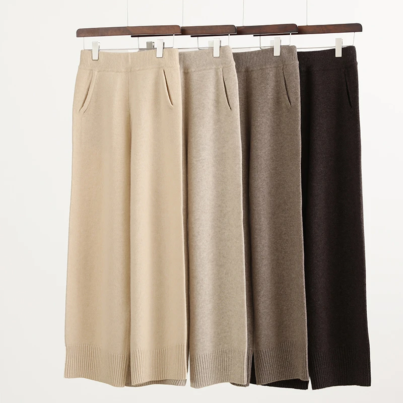 100% Merino Wool Wide Leg Pants Women's Elastic Waist Thread pattern Trousers Autumn Winter Soft Solid Thick Knitted Wool Pants