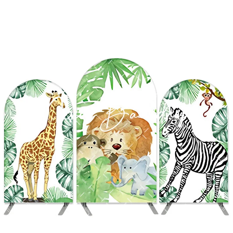 

Cute Jungle Animals Safari Arch Birthday Banner Monkey Zebra Lion Giraffe Elephant Backdrop for Boy Girl Kid Forest Green Leaves