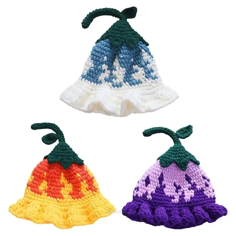 X5XA Funny Halloween Party Pumpkin Flower Hat Stretchy Knitted Fisherman Hat For Winter Festival Holiday Event Dressingup