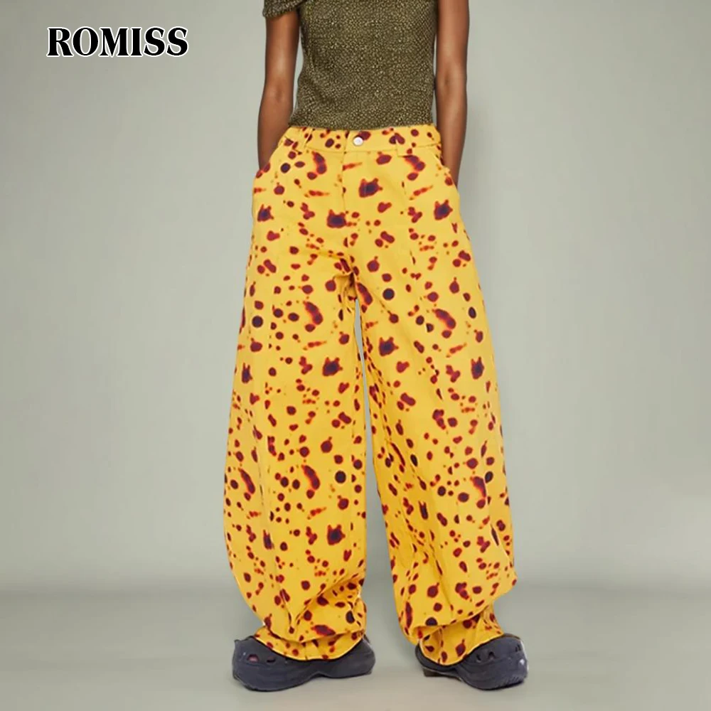 

ROMISS Leopard Colorblock Wide Leg Pants For Women High Waist Patchwork Button Casual Loose Trousers Female Fashion Clothing