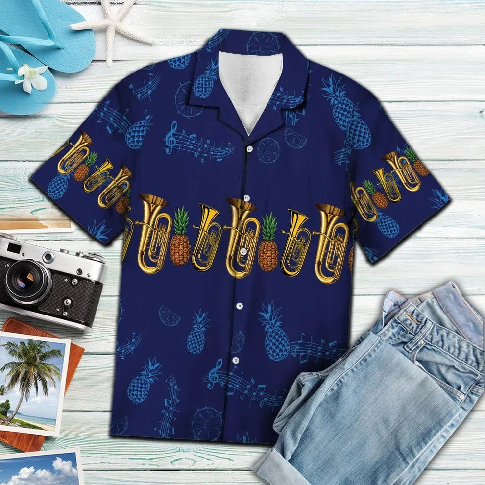 Hawaiian Shirts for Men Pineapple Print Blue Shirts Musical Instrument Beach Short Sleeve Summer Casual Button Up Shirts