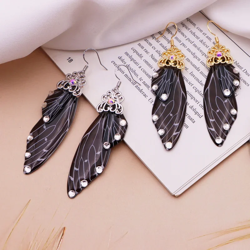 Minar 2024 Halloween Christmas Multiple Black Resin Butterfly Wings Earring for Women Shiny Rhinestone Flake Long Drop Earrings