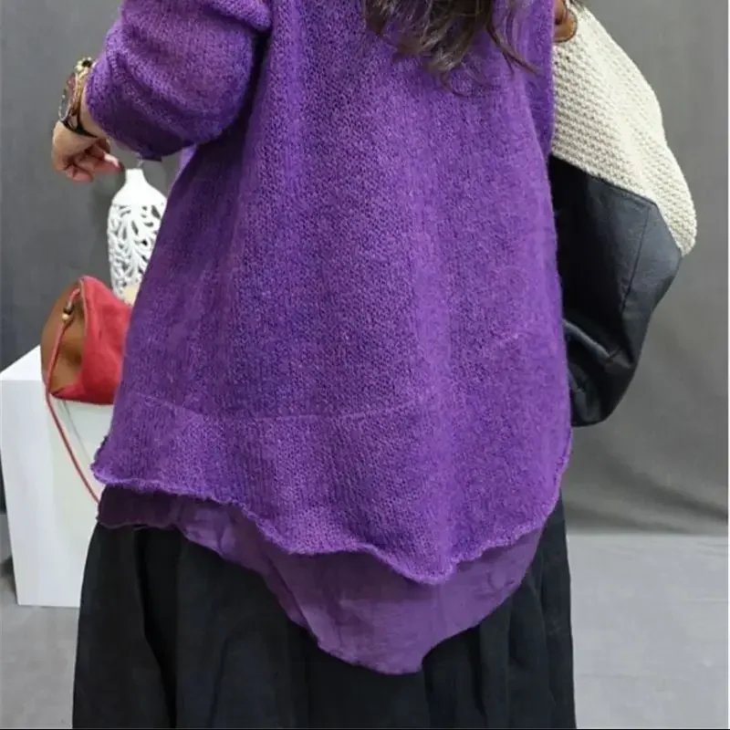 Fashion Spliced Mohair Pullover Women Causal Purple Womens Wool Sweater Autumn Winter Stacked Collar Cashmere Tops