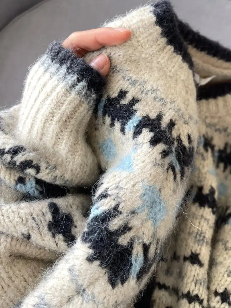 قسط يشعر الرجعية محبوك الجولة Ne المفتوحة سترة المرأة الخريف الشتاء Thiened زر واحد فضفاض معرض جزيرة سترة Jaet