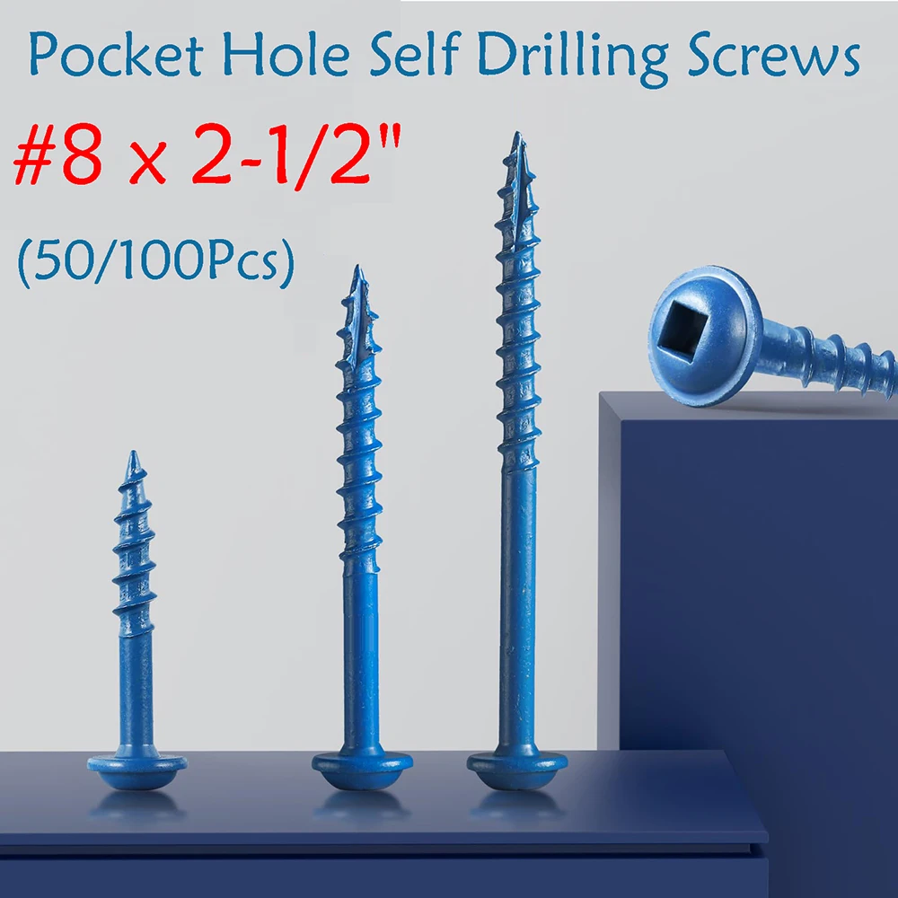 

50/100Pcs #8 x 2-1/2" Pocket Hole Self Drilling Screws/Blue Anti-Rust Coarse Thread Wood Screws With Square Drive
