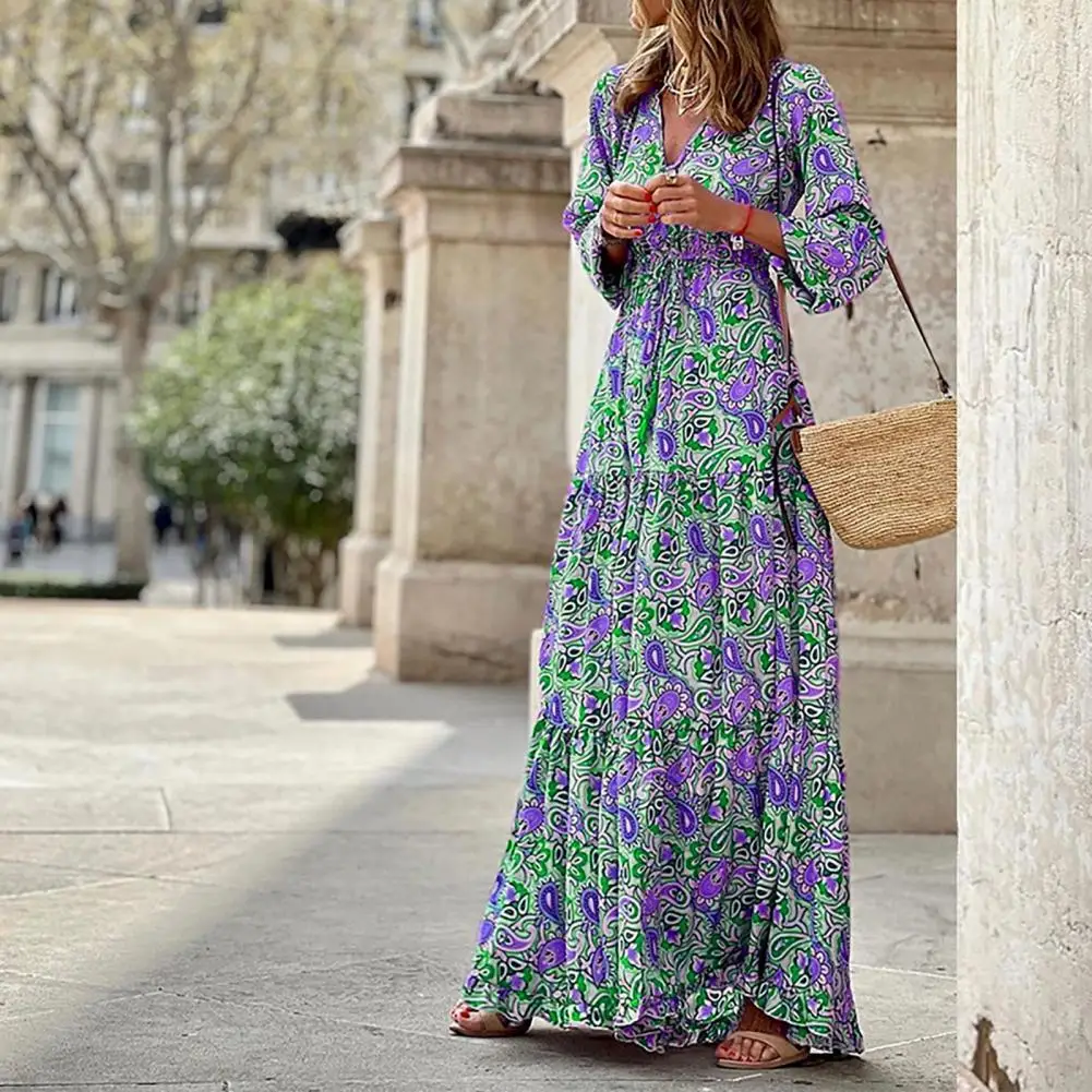 

Comfortable Wearing Polyester Fiber Female Floral Printing Beach Boho Maxi Dress for Vacation