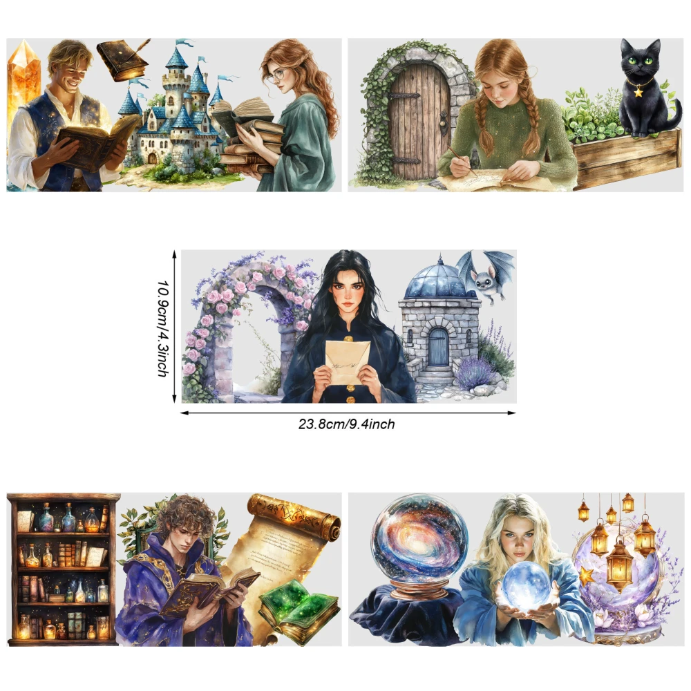 5 Sheets Fantasy Magic Castle Book Witch Crystal Ball Dragon Library Cat Door UV DTF Stickers Plastic Self-Adhesive Labels Cups