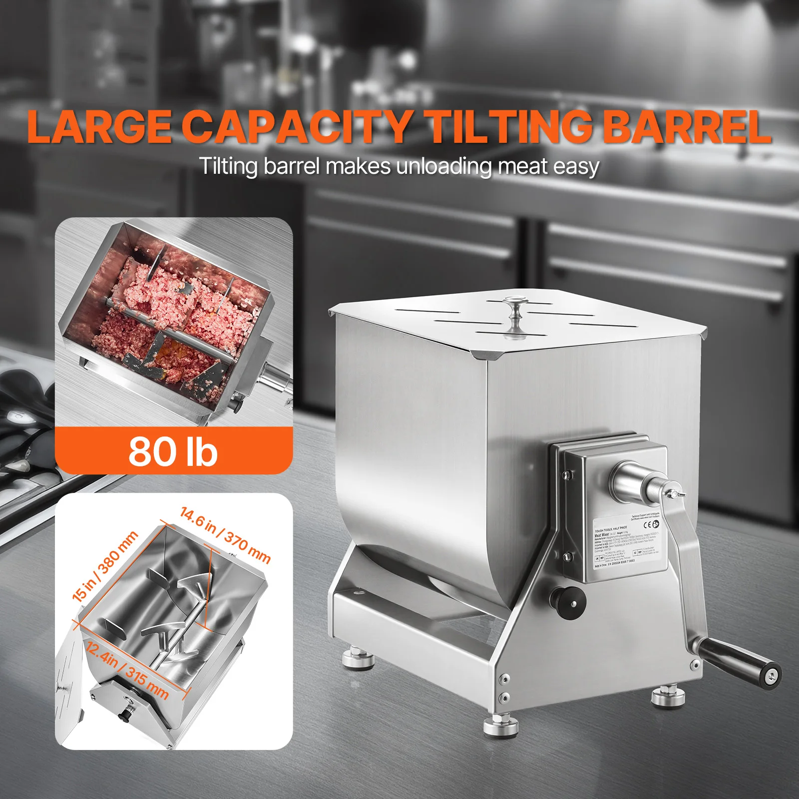 SucceBuy Manual Meat Mixer 80L Tilt Tank Processing Equipment(Mixing Max 80LBS) Stainless Steel Mixer w/ Lid Handle Gear Reducer