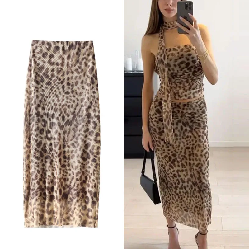 TRAF Gonna in tulle con stampa leopardata Donna Gonne lunghe vintage a vita alta per le donne Gonna longuette in rete estiva Gonne da donna eleganti