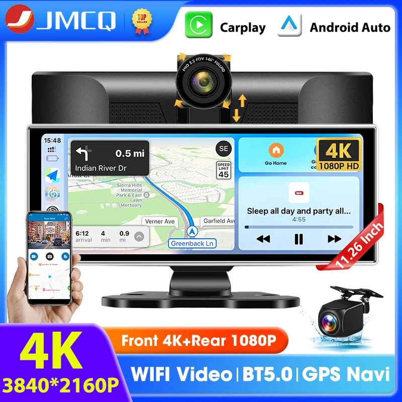 

11.26 inch 4K Car DVR Dash Cam Wireless Carplay & Android Auto GPS Navigation Dashboard Video Recorder Dual Lens FM AUX BT