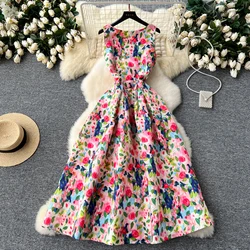 Retro Elegant sashes sleeveless print Dress A-line Casual High Waist Women Summer pleated puff Dresses