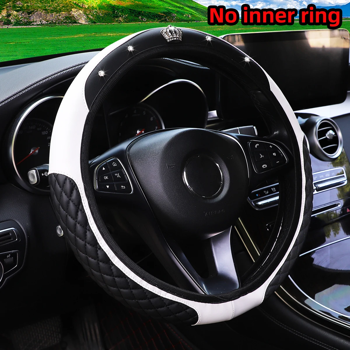 PU-Leder Diamantbesetzte Krone Bling-Bling Auto Lenkradbezug ohne Rand, passend für 14,5 - 15 Zoll Autozubehör – Detail 5