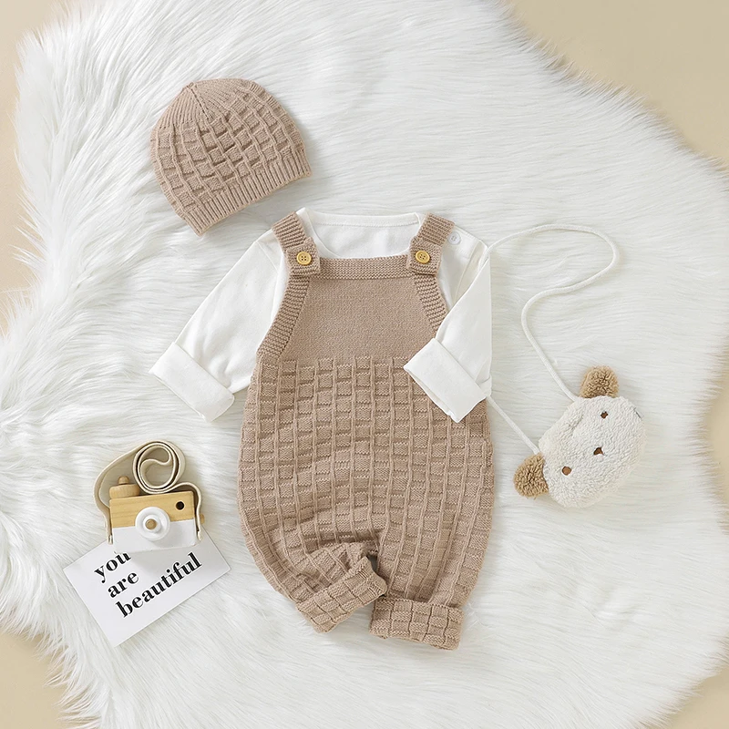 Baby Rompers Clothes Fashion Solid Color Sleeveless Knitted Newborn Boys Girls Jumpsuits Hats Outfits Sets 0-18m Infant Playsuit