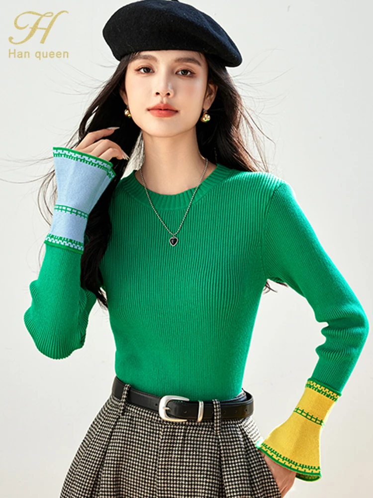 H Han Queen Female Clothing Korean Pullovers Sweater Female Autumn Winter Chic Flare Sleeve Knitwear Vintage Tops Women Sweaters