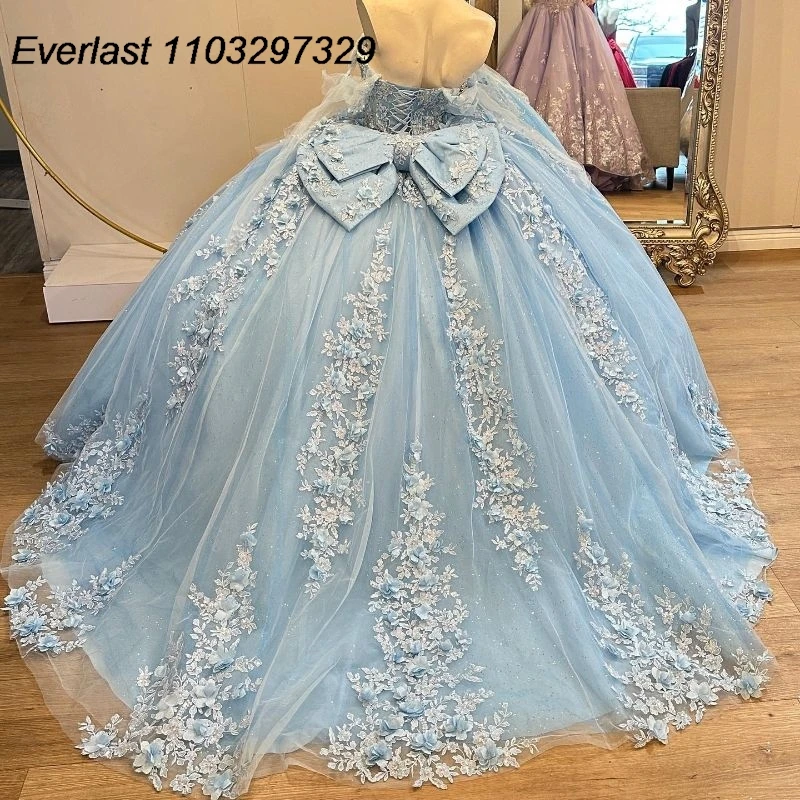 EVLAST Glitter Blue Quinceanera Dress Ball Gown 3D Floral Applique perline con fiocco corsetto Sweet 16 Vestido De 15 Anos TQD633