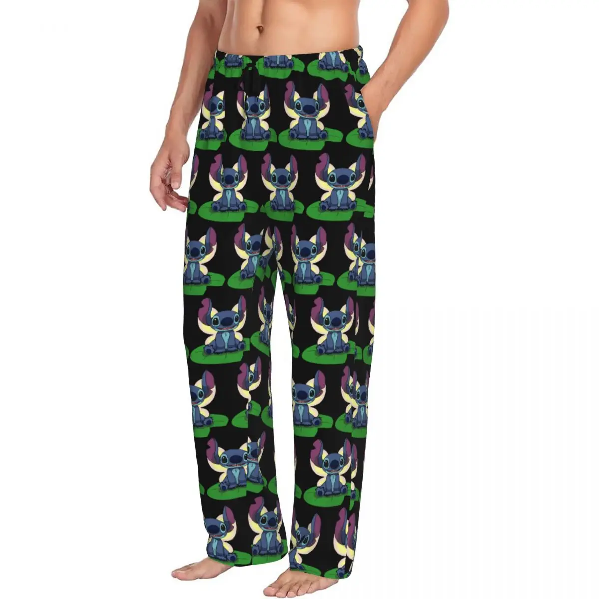 Pantalones de pijama con estampado personalizado para hombre, ropa de dormir con estampado de dibujos animados y Stitch, pantalones de dormir con bolsillos