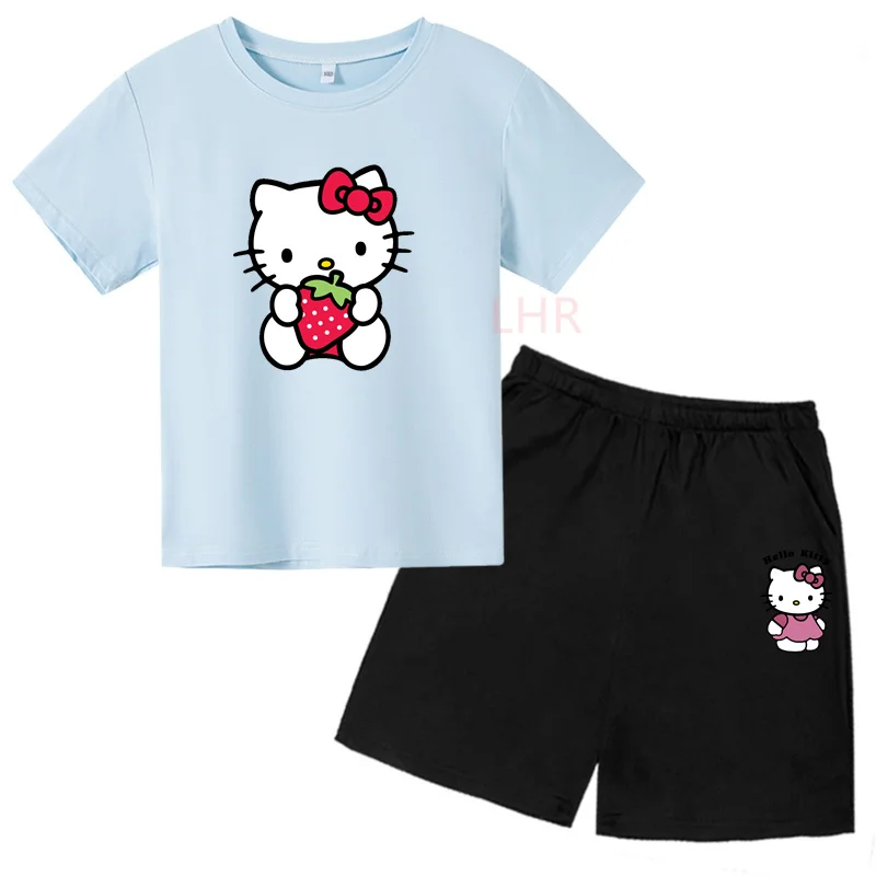 Summer Kids T-Shirt+Shorts Sets Hello Kitty Children 2-12 Years Boys Girl Clothes Round Neck Print Casual Cotton Short Sleeve