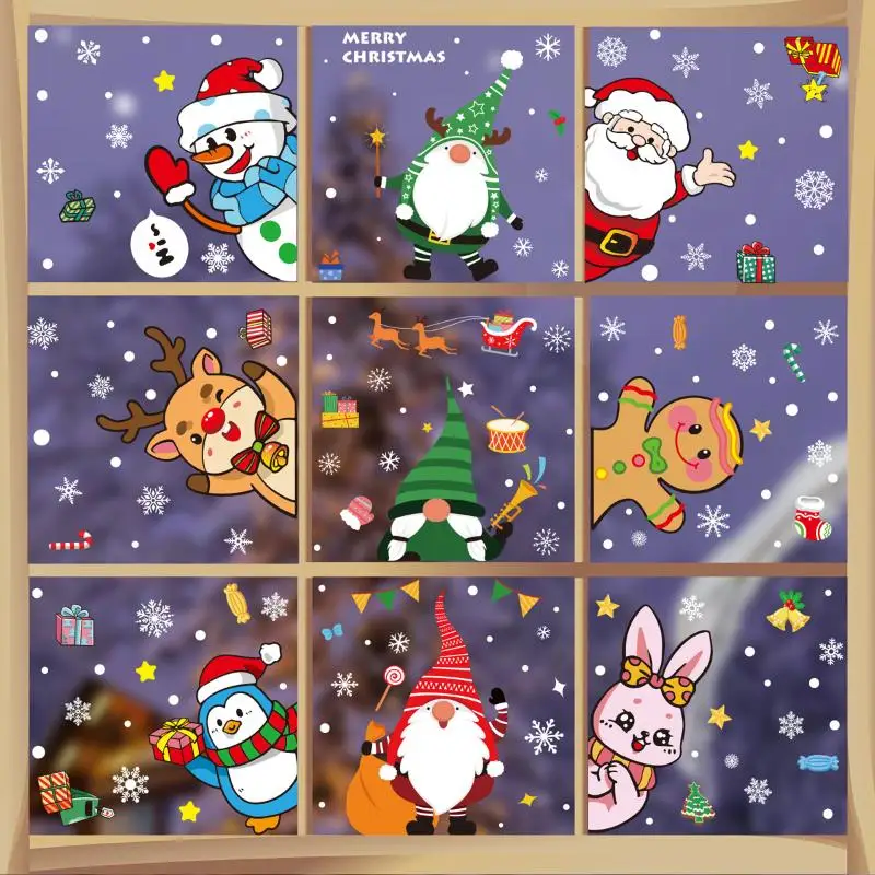 4/9 Sheets Snowman Reindeer Santa Claus Christmas Tree Static Cling Decals Merry Christmas Decoration Window Stickers For Home