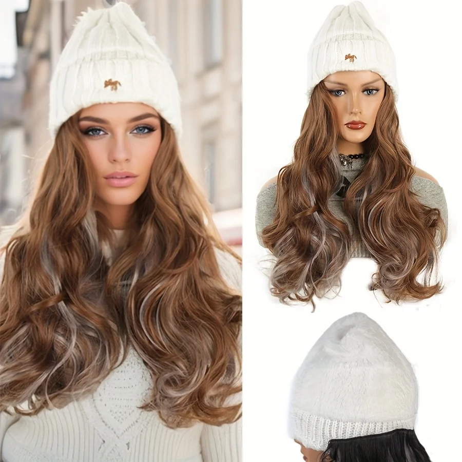 

synthetic Long Wave Hat Wig With White Black Ktted Ebrliered Fox Hat, All-in-One Design Wome's Fashion Warm Hat Wig
