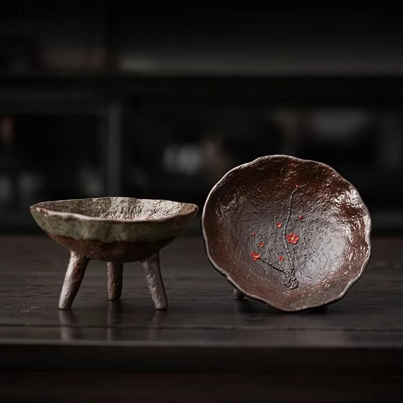 Handmade three legged coarse pottery fruit tray living room retro ceramictea tray dried fruit melon seed snack tray for home use
