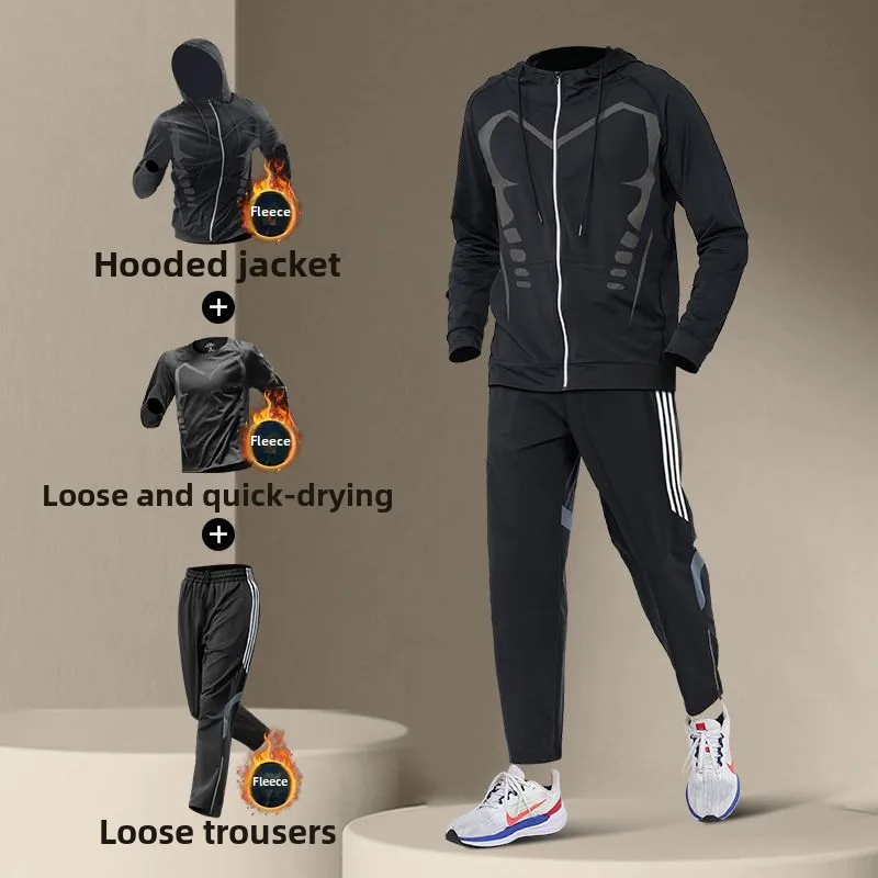 Men\'s Winter Running Fitness Set Fleece-Lined Thermal Clothes Quick-Dry Runs Training Sports Football Mens Sweatsuits Set