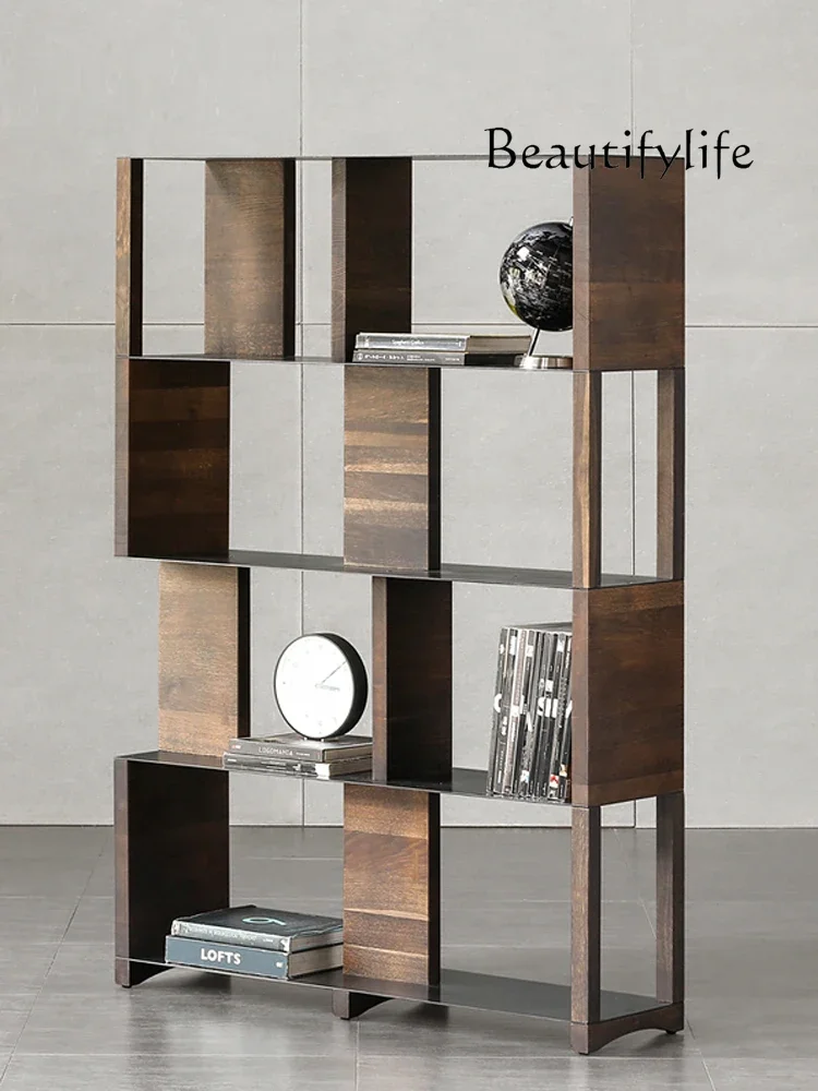 Italian stainless steel bookcase multi-layer simple solid wood shelf study light luxury floor bookshelf