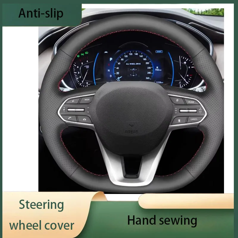 

Custom Car Steering Wheel Cover Black Wear Breathable Microfiber Leather For Hyundai Santa Fe 2019 Hand-stitched Auto Interior
