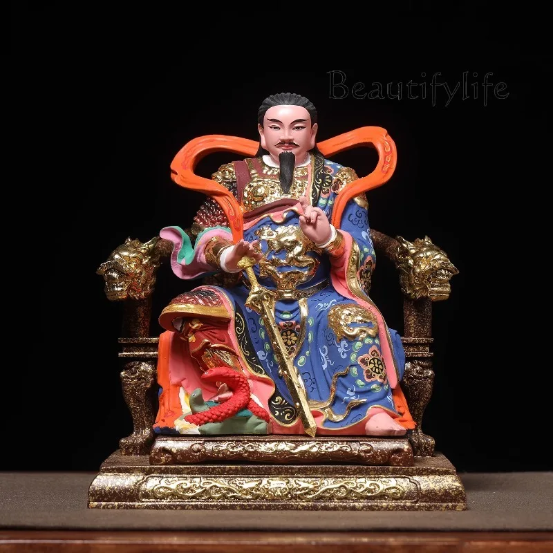 Hinoki Wood Carved Xuan Tian Emperor Statue - Hand-painted & Gilded Taoist Deity Dark Warrior General Figurine