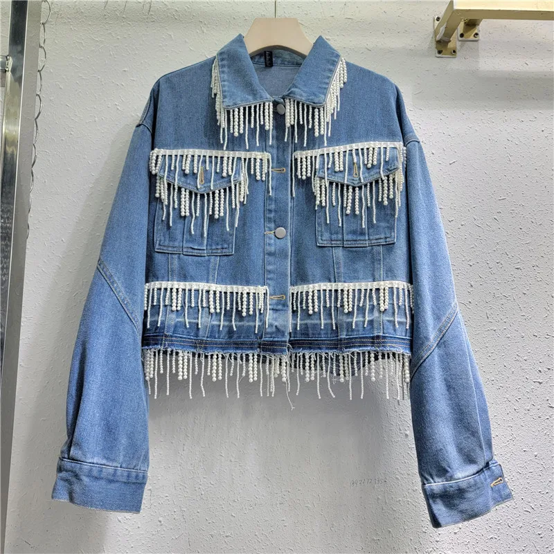 Luxury Pearls Beaded Tassels Denim Coat Diamonds Fringed Jeans Jacket Washed Cowboy Spliced Crystal Cardigan Long Sleeved Tops