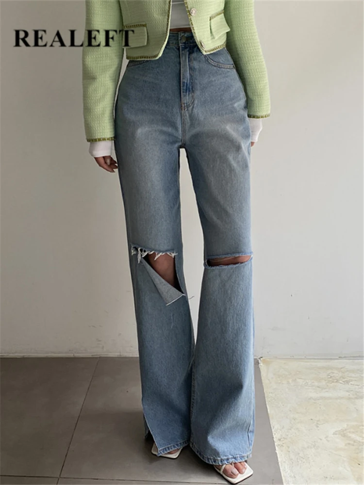 

REALEFT Spring Summer Street Hole Women's Denim Pants 2023 New High Waist Casual Blue Wide Leg Cowboy Jeans Chic Trourses Female