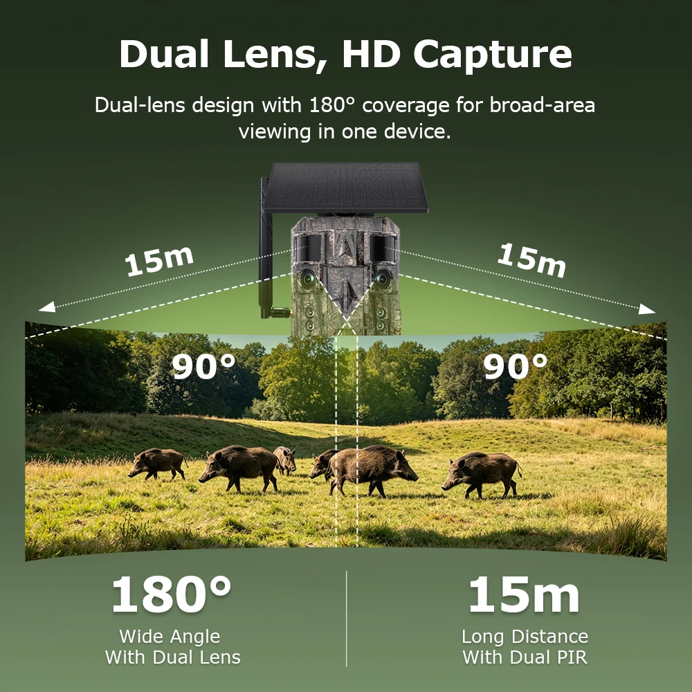 SECTEC Dual Lens 4G GPS Trail Camera 24MP Night Vision Cellular Wildlife Camera 180° Wide Angle IP66 for Animal Monitoring