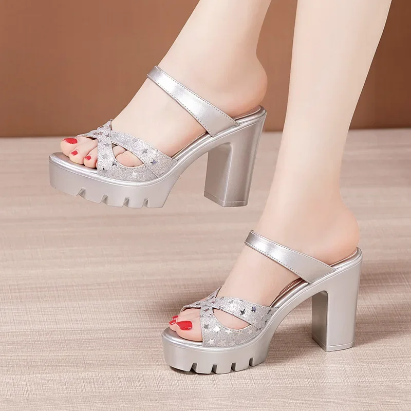 Plus Size 32-43 Block Size Platform Slippers Women Shoes 2024 Summer High Heels Slides Ladies Star Bling Slippers Wedding Shoes