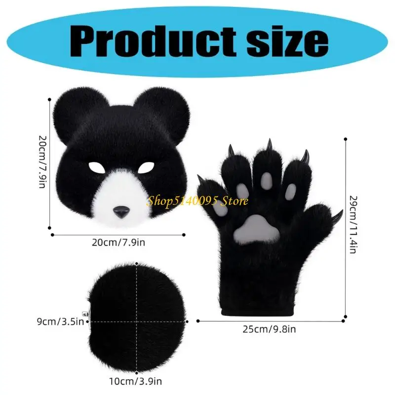 DXAE 3PCS Bären Kostüm Halloween Tier Cosplay Kostüm Bärenmaske, Schwanz, Bärenpfoten Handschuh
