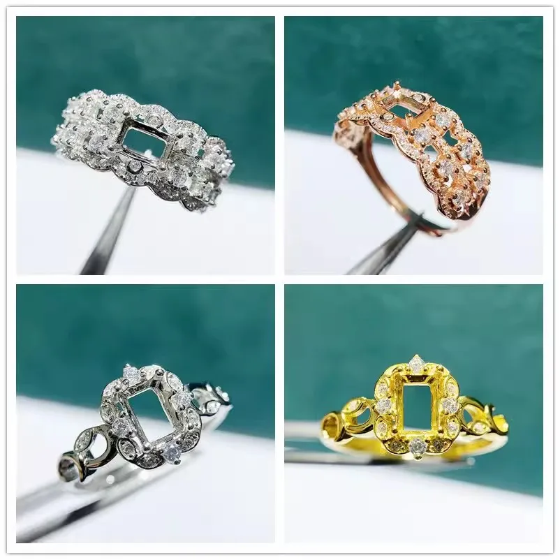 MeiBaPJ 3 Colors 5*7 Rectangle Stone 925 Sterling Silver Ring Holder DIY Empty Support for Women Fine Charm Jewelry