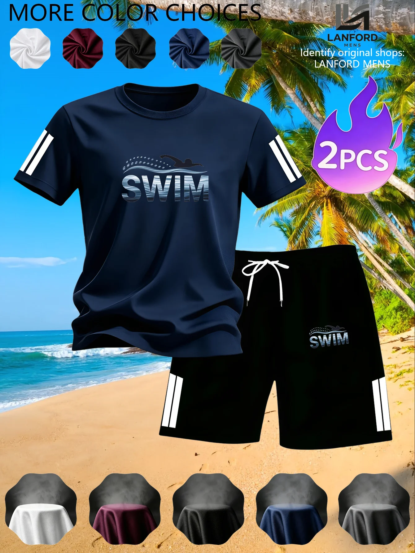 Men's 2-piece beach set, stylish and dynamic design, suitable for the beach or casual wear, showing off energy and sporty style