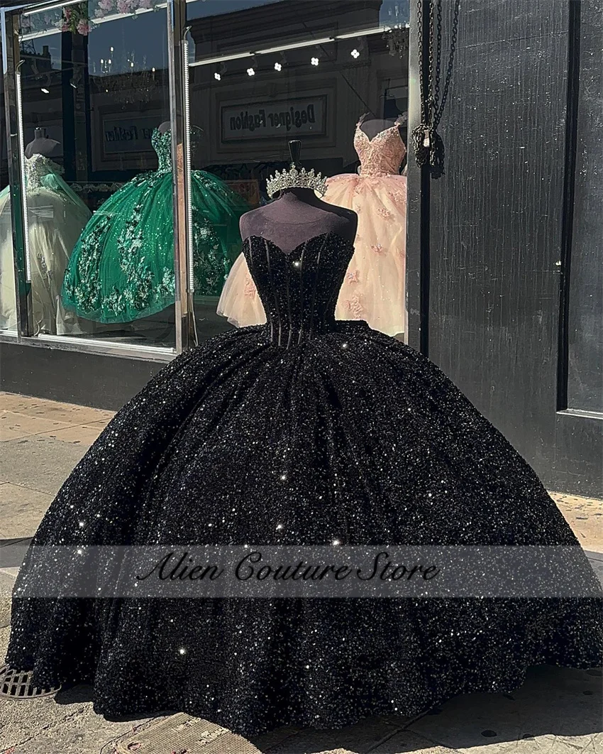 Sparkly Black Quinceanera Dress Sweetheart Corset Sequins Ball Gown Sweet 16 Robe De Bal Birthday Gowns