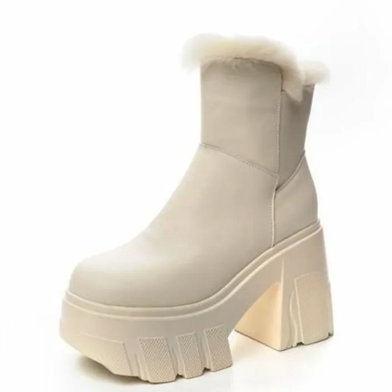 

Top quality 11CM Genuine Leather Platform Wedge Chelsea Shoes Chunky Heels Ankle Boots PUNK Motorcycle Spring Winter Plush Women