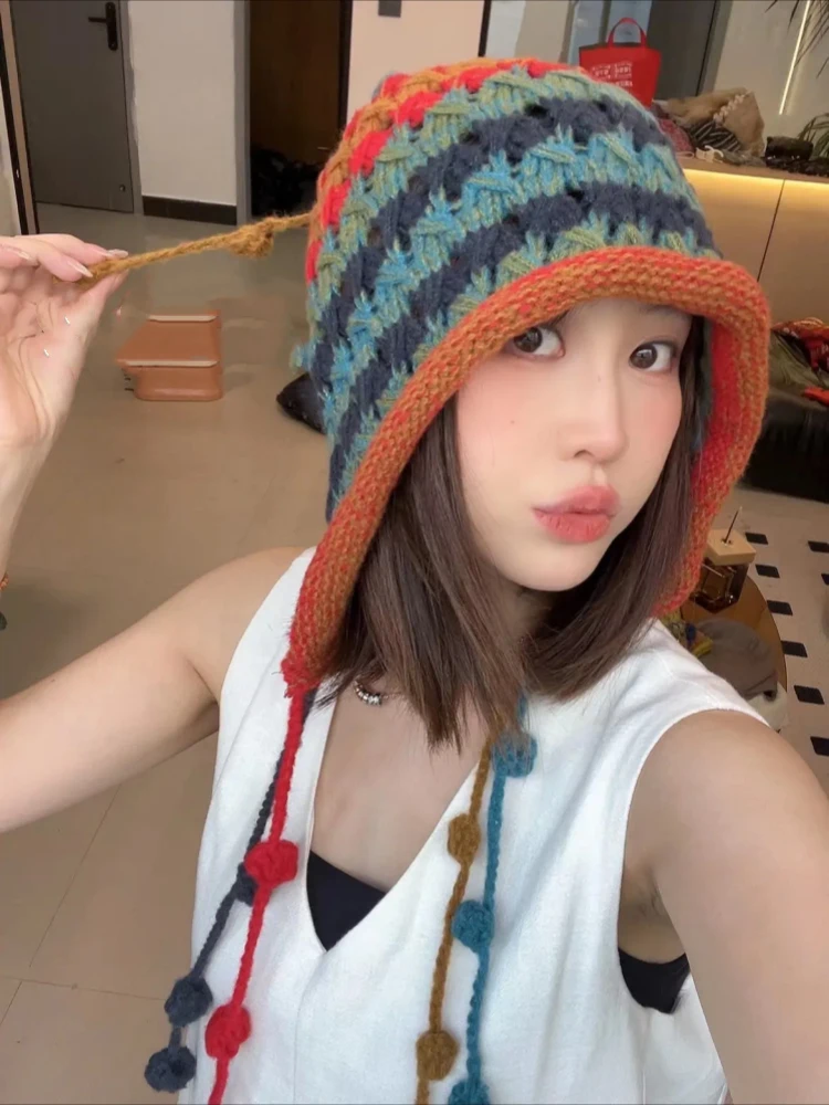 New Japanese Beanie Hat Ins Little Devil Striped Knitted  Cap Autumn and Winter Cute Striped Pointed Pullover Women's Hats R100