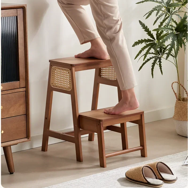 

Natural Bamboo Herringbone Ladder Multi-functional High Stools Kitchen Resin Rattan Weaving Ladder Stool Flip Folding Step Stool