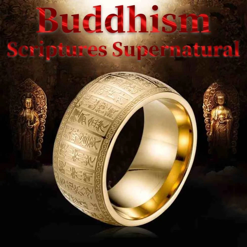 Men\'s Wide Supernatural Thumb Signet Ring Carved Ancient Chinese Buddha Scripture Rings For Men Solomon Taoism Metallica Ring